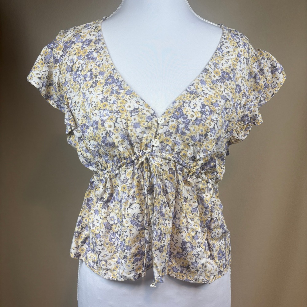 Wild Fable Babydoll Top M Butter Yellow/Lavender Floral Fairy Cottage Coquette